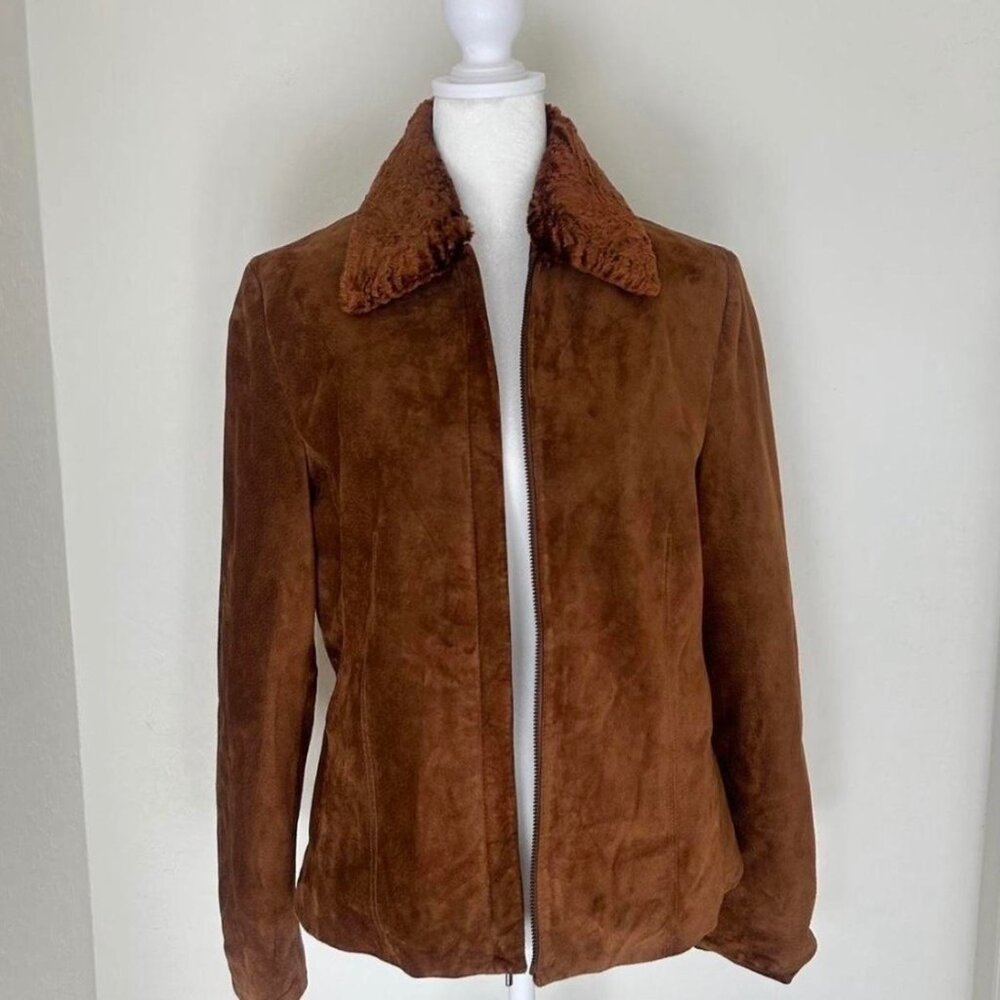 Brown suede faux fur collar jacket